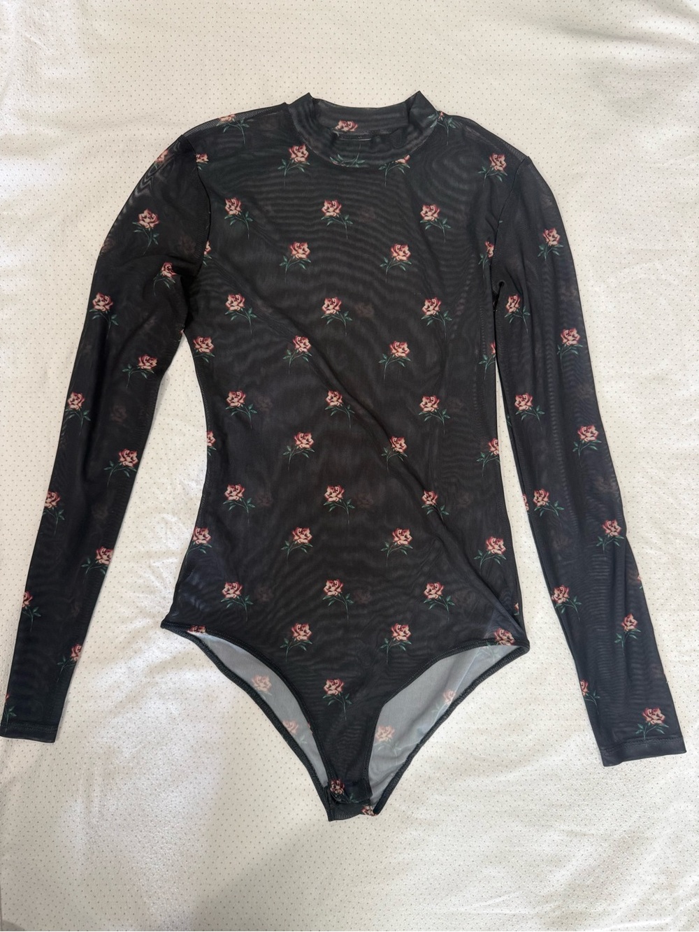 Bershka Black Long-Sleeve Floral Mesh Bodysuit